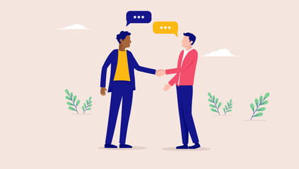 Aufkleber - Shaking hands - Businessmen doing handshake while talking with speech bubbles. Business agreement and deal concept, flat design vector illustration