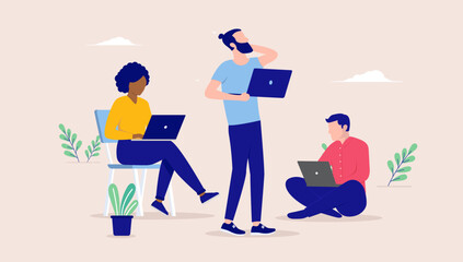 Problem solving people - Team of three diverse businesspeople working on computers concentrated and focused. Flat design vector illustration