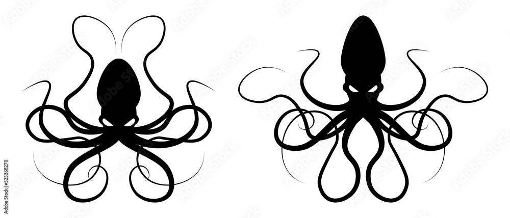 Octopus black silhouette icon, logo or print. Vector illustration on ...