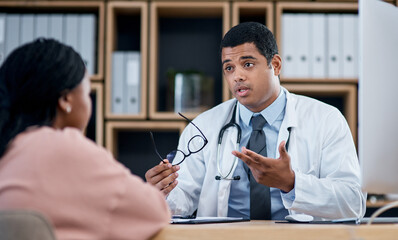 Aufkleber - Doctor talking to patient in medical consultation, checkup and visit in clinic, hospital and healthcare center. Professional, gp and frontline worker explaining symptoms while asking woman questions