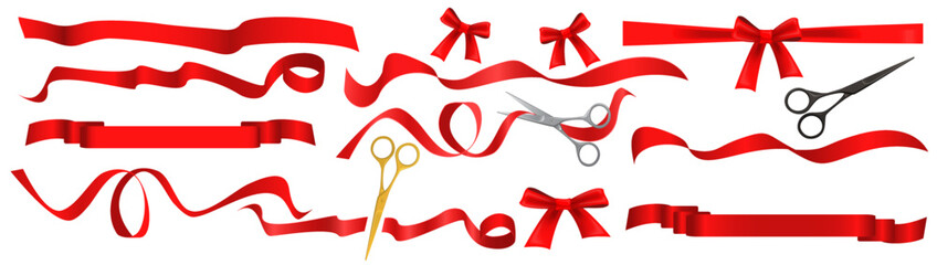 Satin red ribbon set vector illustration. Realistic ribbon with bow and knot, gold, black and silver scissors cut tape, decorative shiny silk material for gift, festive event isolated on white