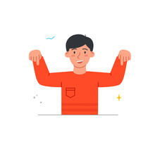 Person Pointing Their Fingers. Young Smiling Man With His Hands Raised High Shows Something From Below. Pay Attention. Gesture For Marketing. Cartoon Flat Vector Illustration In Doodle Style
