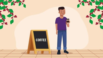 Poster - afro man drinking coffee character animation