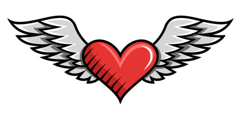 Wall Mural - Drawing heart with wings in retro style, comics design illustration on white background.