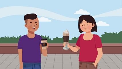 Wall Mural - couple drinking coffee characters animation