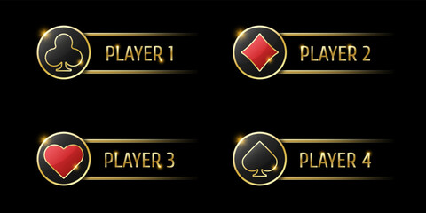 Spades, diamonds, hearts and clubs signs on round button. Ui element for mobile app or web site. Vector set of four casino or poker themed name navigation panels on black background.