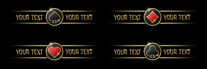 Spades, diamonds, hearts and clubs signs on round button. Ui element for mobile app or web site. Vector set of four casino or poker themed name navigation panels on black background.