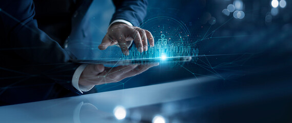 Leinwandbilder - Businessman hold tablet on network structure HR technology - Human resources. Business leadership concept. Management and recruitment. Employment. Social network. Different people.