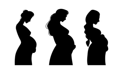 Wall Mural - Set of black silhouettes of different pregnant women side view. Outline of a mommy expecting the birth of a baby, vector illustration isolated on a white background.