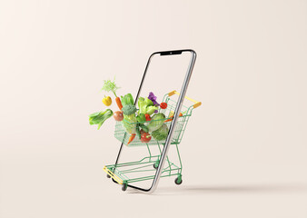 fresh vegetables with shopping cart on smartphone. online shopping food concept. 3d rendering