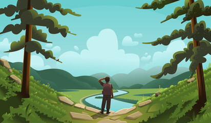 concept of exploration, discovery, hiking, searching and adventure. a man with a backpack, explorer 