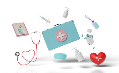 first aid kit bag with check list, stethoscope, syringe, red heart and blood pressure heart rate isolated. health love or world heart day concept, 3d illustration, 3d render