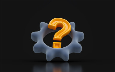 Wall Mural - gear question mark sign on dark background 3d render concept for machine repair problem