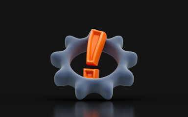 Wall Mural - gear exclamation sign on dark background 3d render concept for repair warning maintenance signal