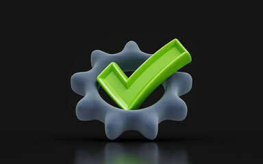 Wall Mural - gear check mark sign on dark background 3d render concept for process management success approve