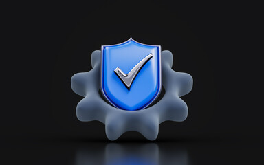 Wall Mural - gear security shield check mark sign on dark background 3d render concept for technical protection