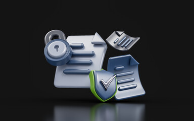 Wall Mural - document lock with security shield check mark sign on dark background 3d render concept for privacy