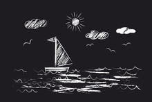 Sea, Sailboat, Sun, Clouds, Seagulls - Doodles Drawn By A Child's Hand With White Chalk On A Blackboard. Seascape Illustration Isolated On Black Background