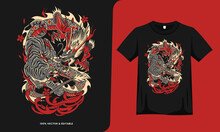 Angry Tiger And Dragon Japan Tattoo Artwork On Black Background. Vector Illustration