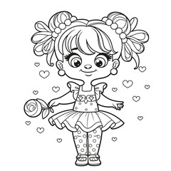Wall Mural - Cute cartoon girl in tutu and holding a rose in hand outlined for coloring page on white background