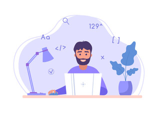 Man programming. Businessman with laptop. Male character. Vector illustration