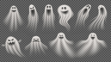 Canvas Print - Set of realistic ghosts isolated on checkered background. Collection of transparent ghosts for halloween decoration. Vector illustration of 3d scary poltergeists or phantoms. Set of cute spirits.