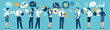 Business concept office work and finance. Set of business characters at work and icons. Business vector illustration.