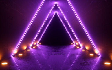 Wall Mural - Violet Triangle Neon Laser Beam Glowing Luminous Sci Fi Futuristic Space Corridor Concrete Floor Illustration 3d Rendering