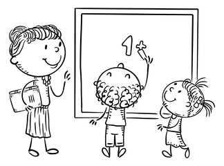 Wall Mural - Math lesson, teacher and students writing on the blackboard. Line drawing vector clip art.