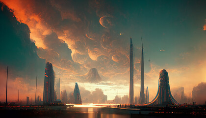 futuristic alien skyline, cityscape and architecture