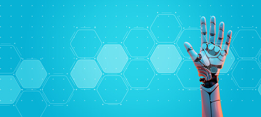 3D humanoid AI robot hand, future futuristic IoT network AI artificial intelligence industry automated digital world metaverse technology concept NFT cyber space online security VPN