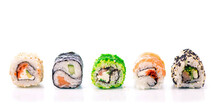 Sushi Rolls, Japanese Foods, Maki, Makizushi On White Background. Perfect For Using In Food Commercial, Menu, Poster Design.