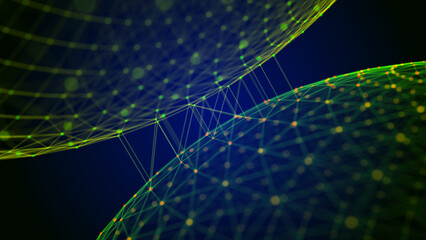 Wall Mural - Abstract dark background with moving spheres of lines and dots. Data transmission. Visualization of network connections. The concept of big data. Internet connection worldwide. 3d rendering.