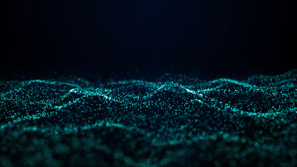 Wall Mural - A wave of particles. Abstract background with dynamic blue wave. Blue background with moving particles. Science and technology. 3d rendering.