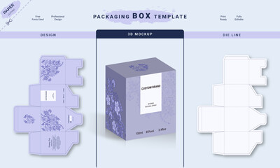 Wall Mural - Packaging Box Die Cut Template For Product with 3D Preview. 3d Box Mockup, Packaging design, Perfume luxury box design, Box die line, and Design elements.Vector design Template.