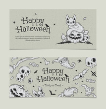 Vector Invitation For Halloween Parties Or Greeting Cards With Traditional Symbols. Black Cute Cat Sits On A Pumpkin. Hand Drawn Vector Cartoon.