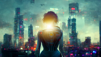 Cyberpunk concept. A courageous cyberpunk girl with metrocity background