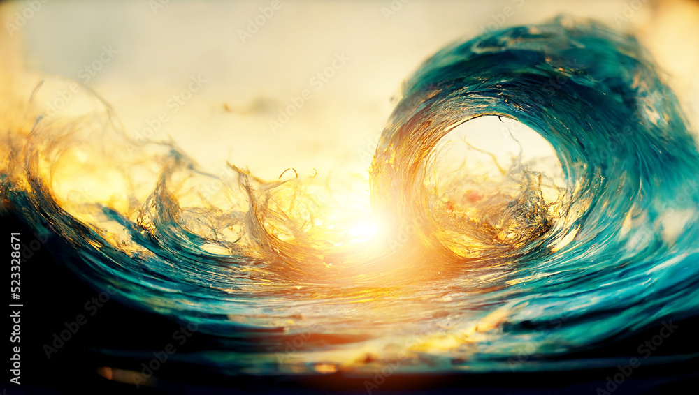 Surfing colored ocean wave falling down at sunset time