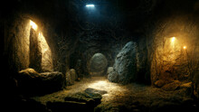 Dark Medieval Castle Dungeon Tunnel ,Dark Underground Corridor In A Dungeon With Light