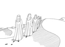 People Walking In The Desert Graphic Black White Landscape Sketch Illustration Vector