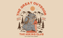 The Great Outdoor. Take A Hike Vector Print Design. Wild Lake Artwork For Posters, Stickers, Background And Others. Outdoor Vibes Illustration. Mountain Adventure. 
