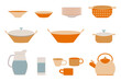 Set of kitchenware, kitchen tools, cooking and utensils. Various dishes and crockery on the shelf. Vector colorful illustration with textured background.