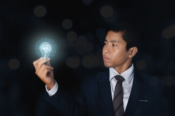 Wall Mural - Businessman holding glowing light bulb with symbol brain and creative thinking ideas.