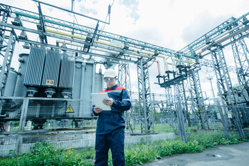 An energy engineer inspects the modern equipment of an electrical substation before commissioning. Energy and industry. Scheduled repair of electrical equipment.