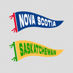 Wall Mural - Set of canadian province of the Nova Scotia, Saskatchewan pennants. Retro colors labels. Vintage hand drawn wanderlust style. Isolated on white background. Good for t shirt, mug, other identity. 