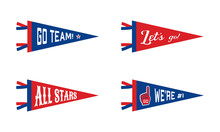 Set Of Sports Team Pennants. Retro Sports Colors Labels. Vintage Hand Drawn Wanderlust Style. Isolated On White Background. Good For T Shirt, Mug, Other Identity. Vector Illustration.
