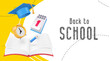 Back to school banner with school supplies on yellow background. Vector 3d illustration. Stationery items. Pens, pencils and marker pens.
