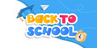 Back to school banner with school supplies on blue background. Vector 3d illustration. Stationery items. Pens, pencils and marker pens.