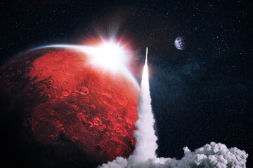 Wall Mural - space rocket successfully takes off into space with the red planet mars with the sunset. space missi