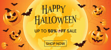 Happy Halloween Sale Vector With Scary Pumpkin Bat On The Full Moon 
